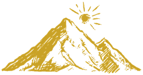 A hand-drawn mountain peak with a rising sun